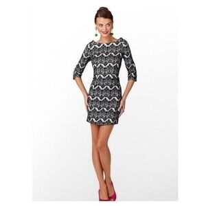 Lilly Pulitzer Nikola Sheath Dress Women S Black White Lace 3/4 Sleeve Zip back
